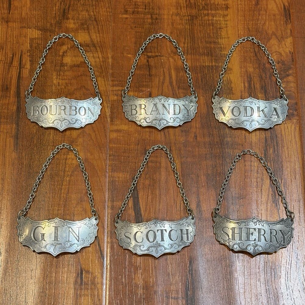 Stieff Pewter Liquor Decanter Tags Set - Brandy Sherry Bourbon Vodka Gin Scotch